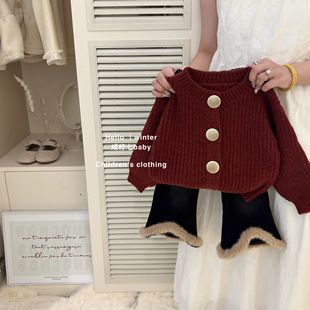 Girls' Knitted Cardigan 2024 New Children's Western Style Sweater Coat Women's Autumn and Winter Red Top suit