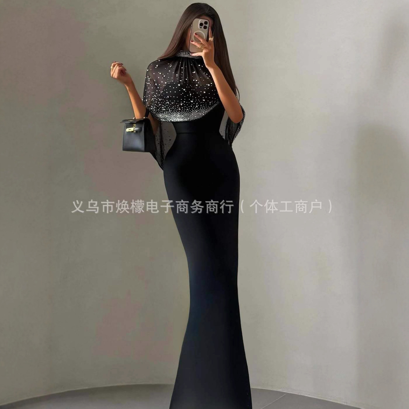 European and American Cross-Border High-Quality Bandage Evening Dress for Women, Elegant Black Short-Sleeved Ruffled High-Waisted Dress with Rhinestone Skirt