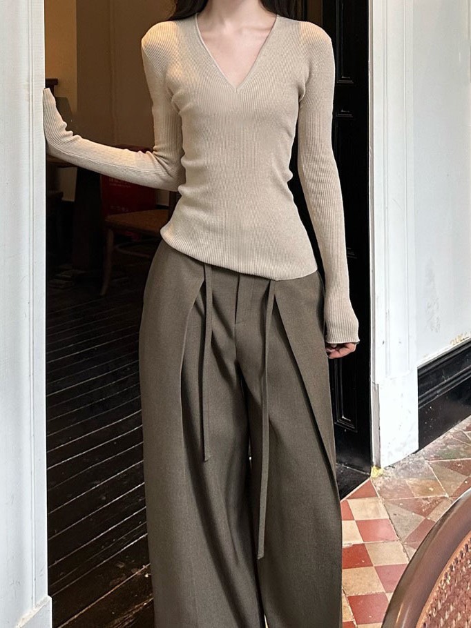 奶茶色V领针织衫修身百搭气质时尚显瘦内搭打底衫紧身羊绒毛衣女 2