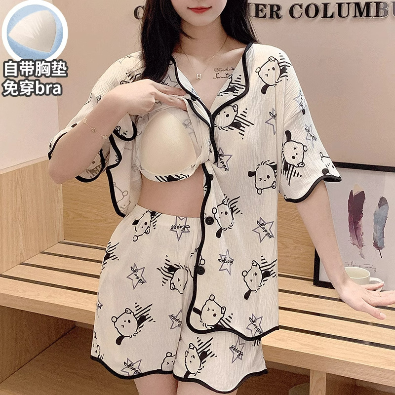 (in Stock) Women's Summer Short-Sleeved Shorts with Breast Pads, Cartoon Women's Cardigan, Loose Large Size Home Wear Set