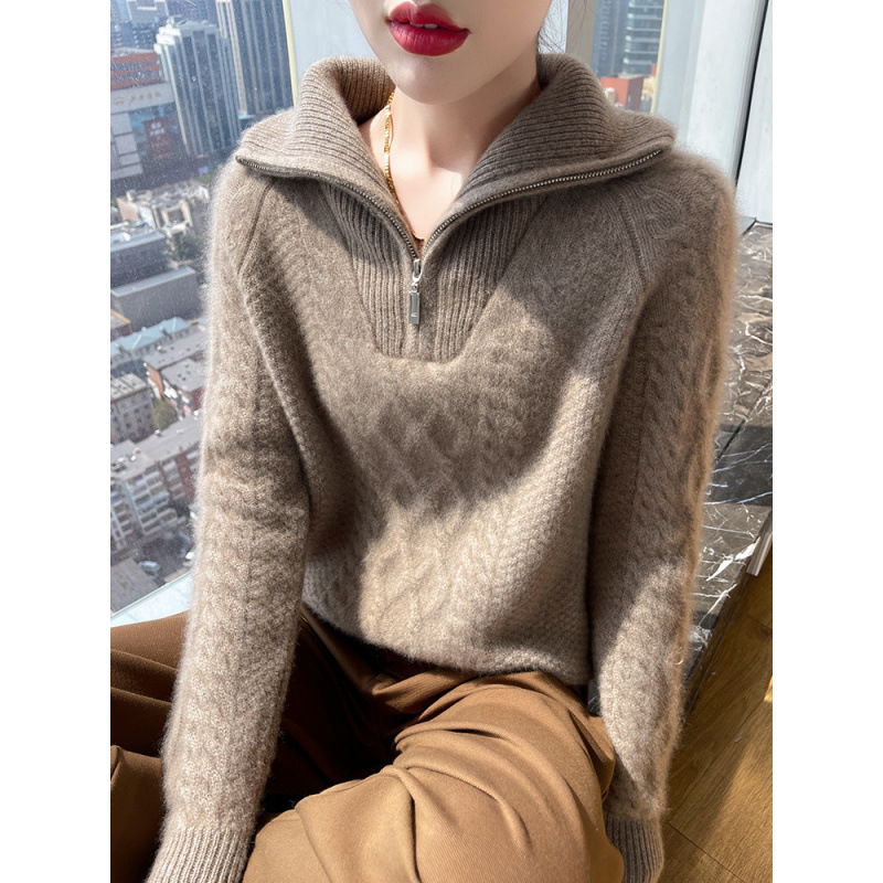 Autumn and winter 100% pure wool sweater for women, featuring a lapel collar, half-zip closure, diamond-patterned jacquard design, and a thick, loose-fitting knit Autumn and winter 100% pure wool sweater for women, featuring a lapel collar, half-zip closure, diamond-patterned jacquard design, and a thick, loose-fitting knit