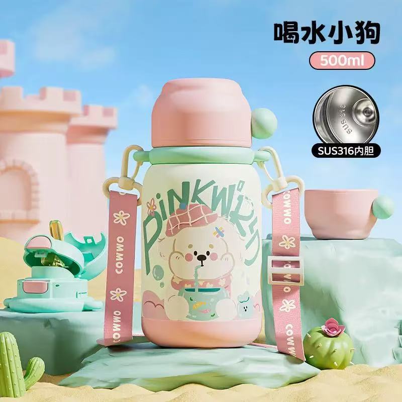 儿童316不锈钢保温杯学生可爱卡通涂鸦水杯子提绳便携式水壶批发|undefined