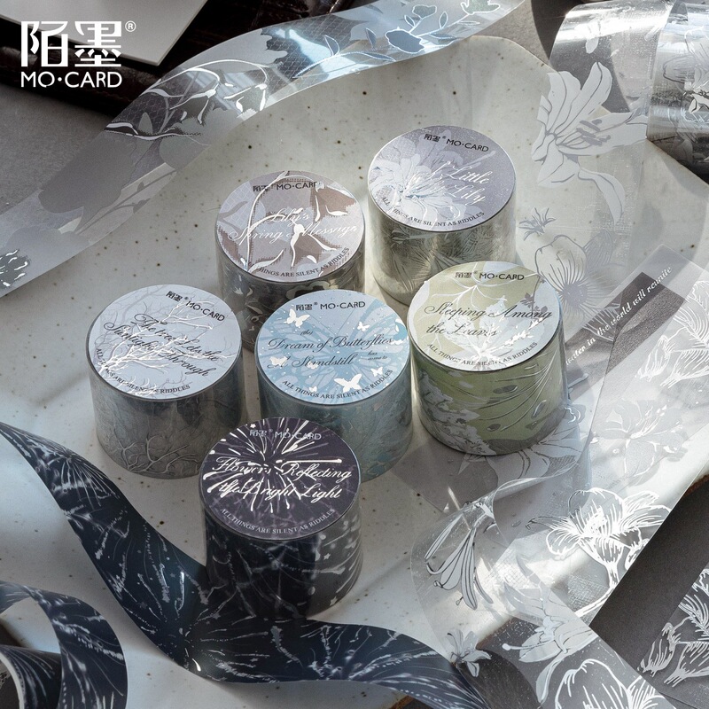 Momo Silver Foil Pet White Ink Tape - Serene Mysteries Series - Vintage Luxurious Decorative Collage 6 Styles