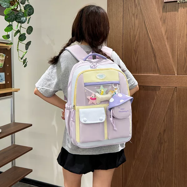 Large-capacity Japanese-style school bag for girls, cute color-blocked large-capacity backpack with small coin purse