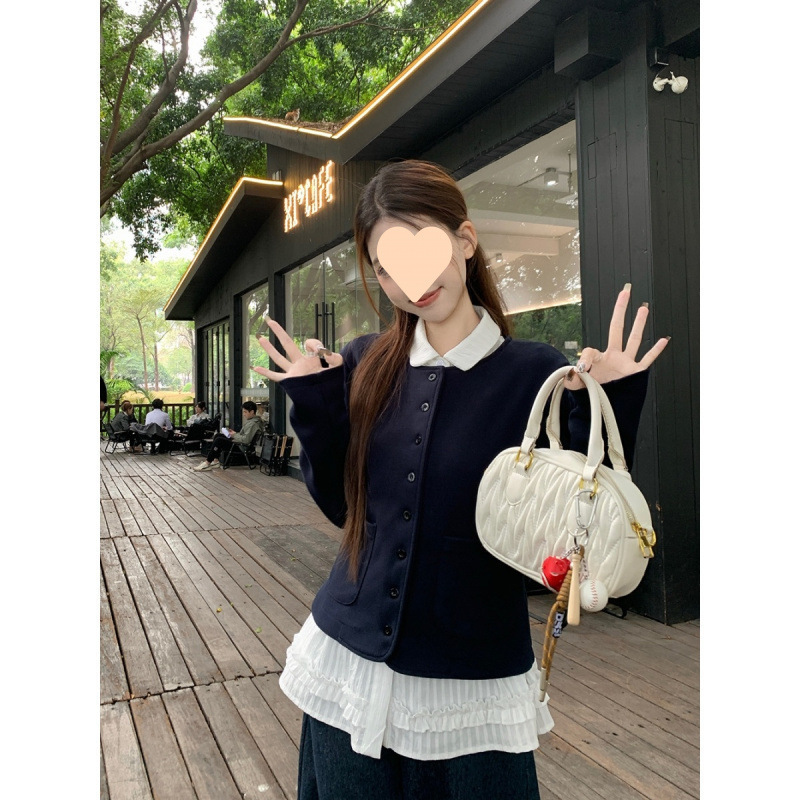春の女性用ワンピース/ツーピースセット、ゆったりとした襟付きシャツ、柔らかくワックスのようなニットカーディガンジャケット、韓国風コーディネート|undefined