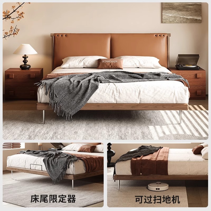 Paiqiao Yi Fan レトロレザーベッド 中世スタイルの高級無垢材ベッド 2025 新しいモダンでシンプルなマスターベッドルームダブルベッド|undefined