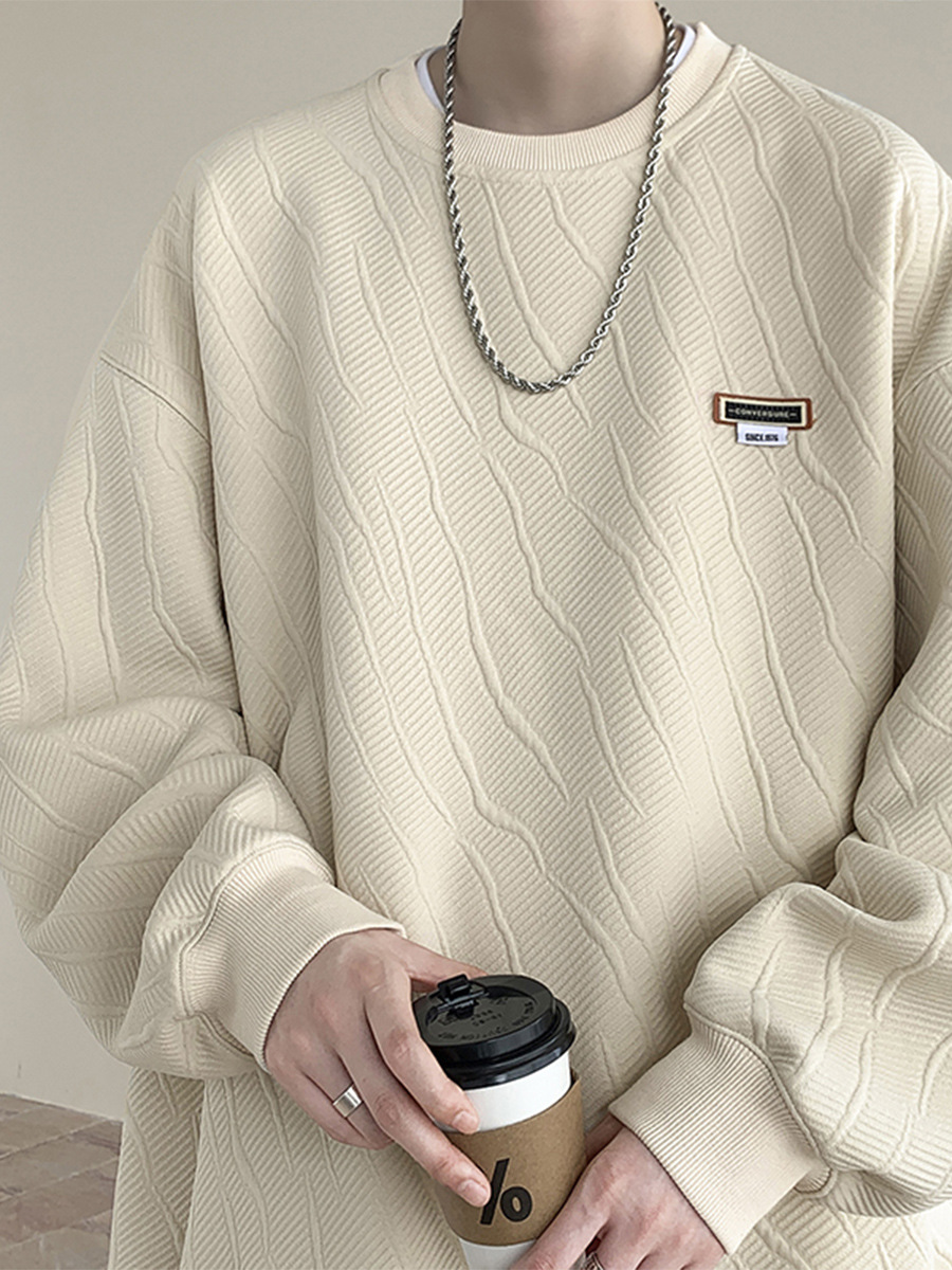 Textura suéter de cuello redondo los hombres Primavera y Otoño 2023 nueva marca moda ropa suelta pesada con capucha manga larga top