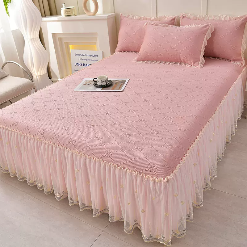 3D凉感豆豆床裙款凉席三件套夏季冰丝席可机洗折叠家用空调软席子