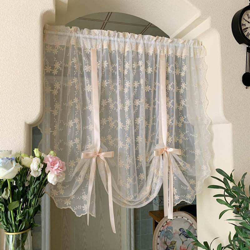 Korean-style Pastoral Embroidered Window Screen Lift Curtain Lace Curtain Punch-free Velcro Partition Bay Window Balcony