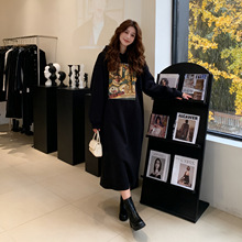 韩系慵懒风秋冬加厚宽松胖MM连衣裙女特大码加绒长款连帽卫衣裙2