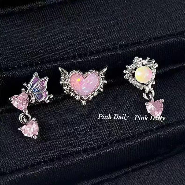 Pink Daily漸變粉鋯夢幻耳骨釘愛心蝴蝶耳蝸釘免摘鈦鋼螺絲耳環