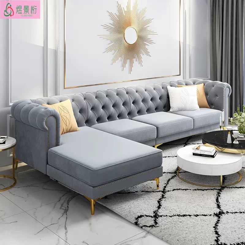 American-Style Home Chaise Lounge Sofa, Modern Light Luxury Fabric Sofa, Living Room Corner Combination Sofa