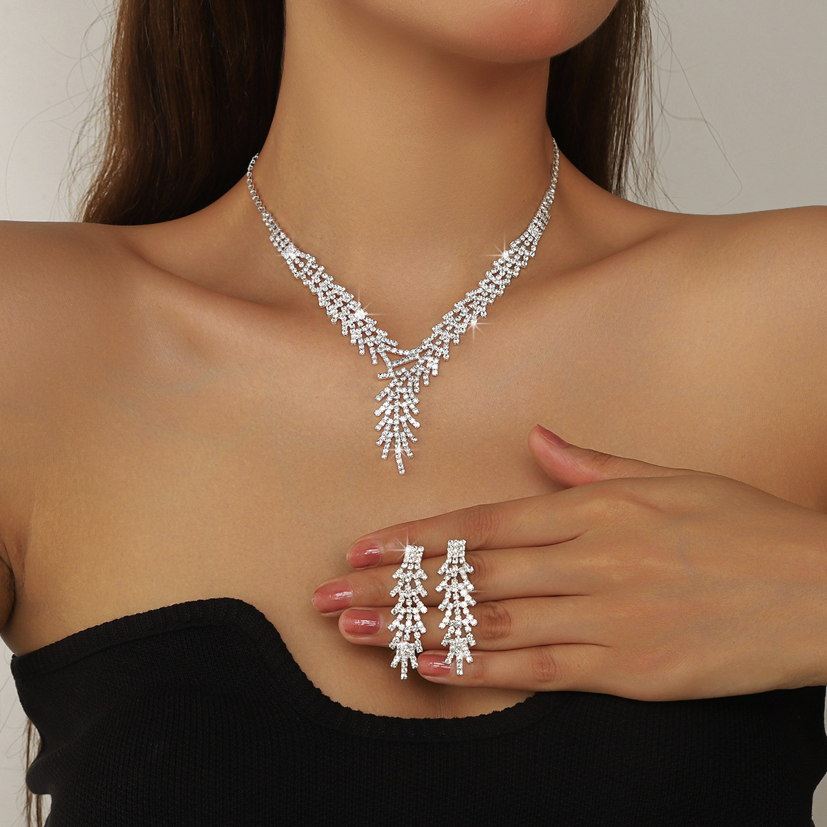 欧美爆款项链二件套套装镶钻时尚奢华女士项链耳环新娘饰品