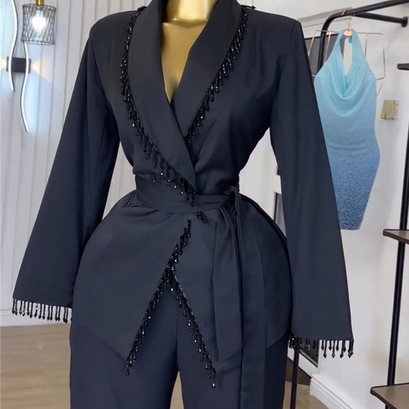 ヨーロッパとアメリカのクロスボーダー婦人服2025秋冬新作ファッションスーツ襟ヘビーストラップジャケットワイドレッグパンツスーツ|undefined