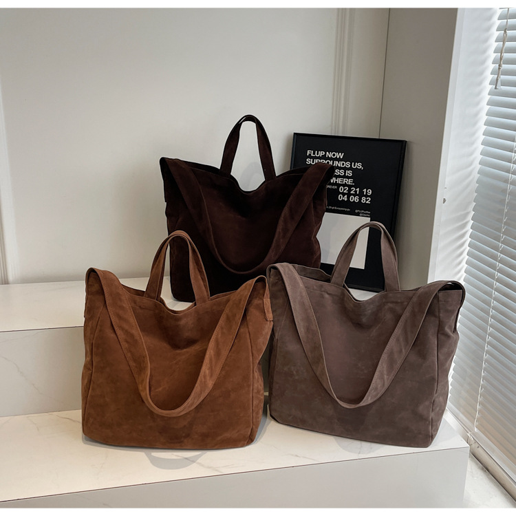 Retro Suede Matte Tote Bag For Women 2024 New Autumn/Winter Versatile Shoulder Underarm Bag Trendy Bucket Bag - Thumbnail 4