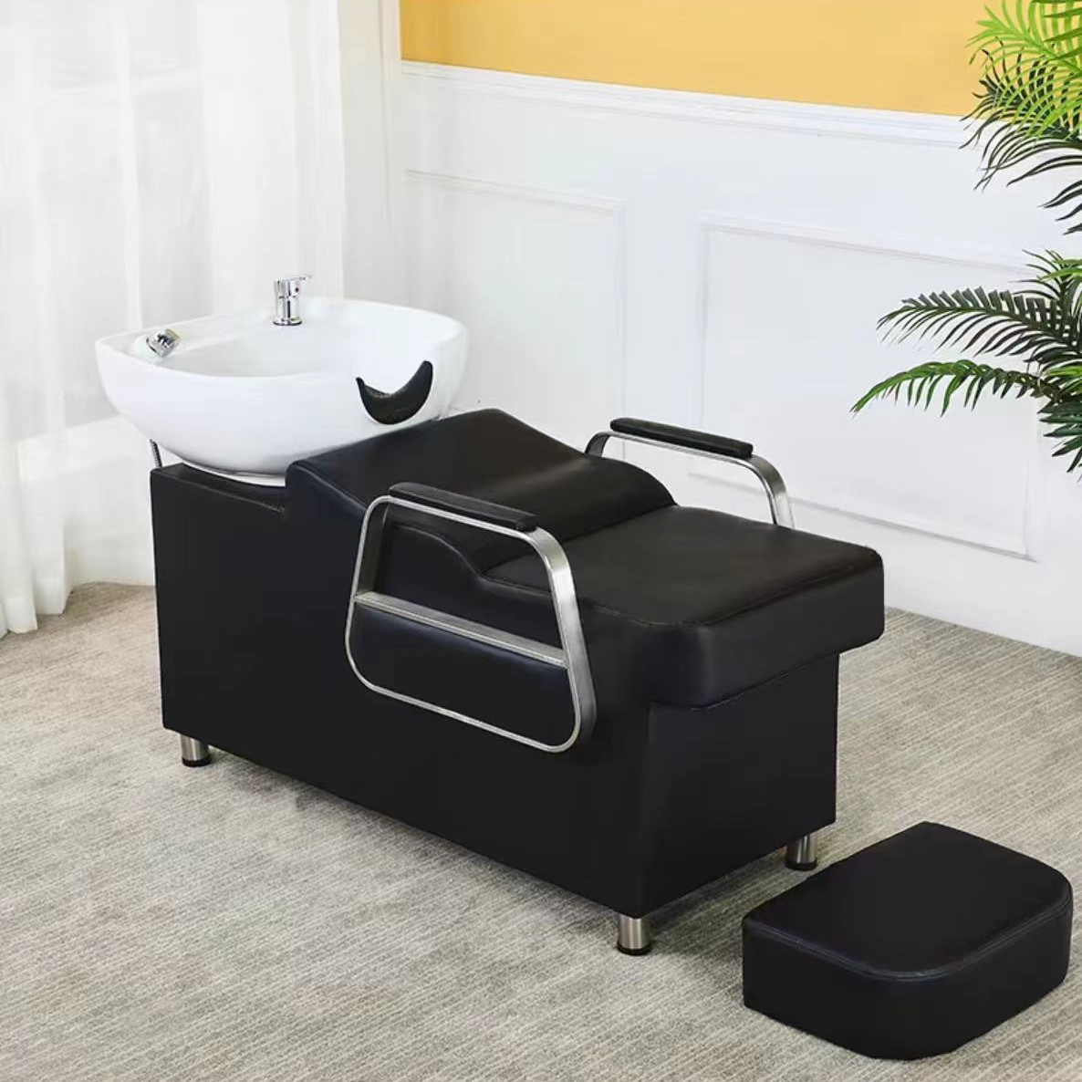 Cama de lavado de cabello para peluquería con reposapiés, lavabo de cerámica, cama de lavado de cabello semireclinable para peluquerías, cama de masaje y peluquería.