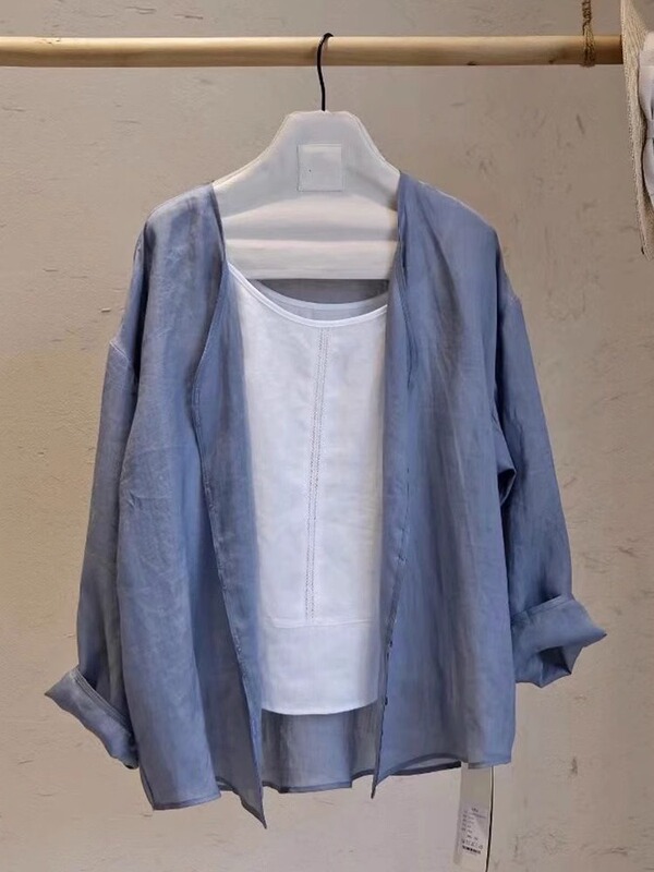 2572 Mist Blue Tencel Linen Cardigan Women's Super Good-looking Ultra-thin Ultra-light Day-tone Casual Muscle Sunscreen Thin Shirt for Summer