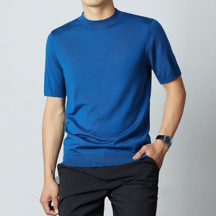 Pure Wool Short-sleeved T-shirt Men's Summer Round Neck Thin Breathable T-shirt Casual Solid Color Middle-aged Knitted T-shirt for Dad