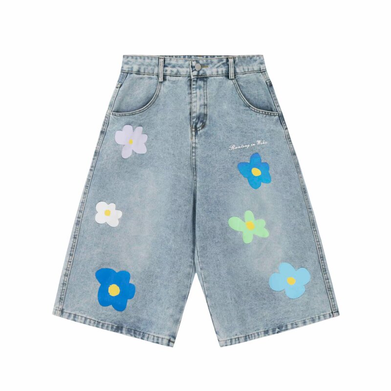 Plus Size Fat mm American Light Blue Flower Print Three-Quarter Denim Shorts Women's Summer 2025 New Three-Quarter Pants