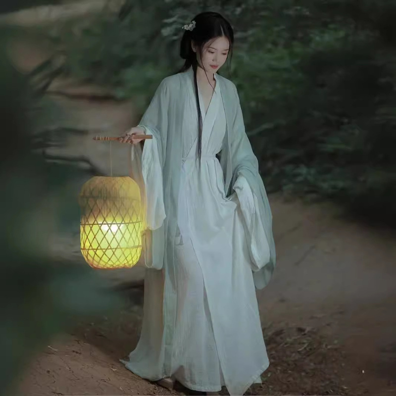 2024 Summer Cool Han Costume Wei Jin Ancient Costume Women's Antique Elegant Fairy Style Straight-cut Wide-sleeved Fairy Dress Autumn and Winter