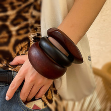 欧美bracelet跨境美拉德风复古切面木质手镯 简约设计感圆面手饰