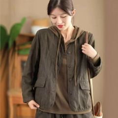 古茶色の服飾2025年秋物厚手サンドウォッシュリネンジャケット女性用レトロ風染め加工裏地格子模様ライン入りカーディガン