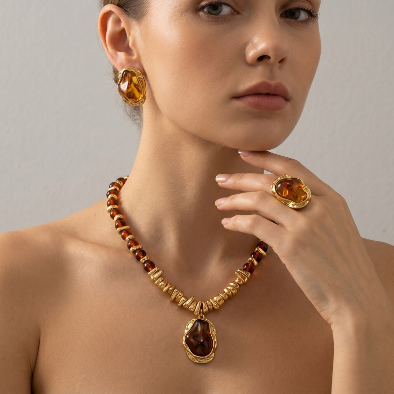 3-Piece Set of European and American Retro Metal Irregular Imitation Pearl Beaded Women's Necklace, Earrings, and Ring Jewelry Set