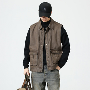 Pure Cotton Vest Vest Men's Spring and Autumn Washed Old Retro American Tactical Fashionable Waistcoat Men's Autumn and Winter