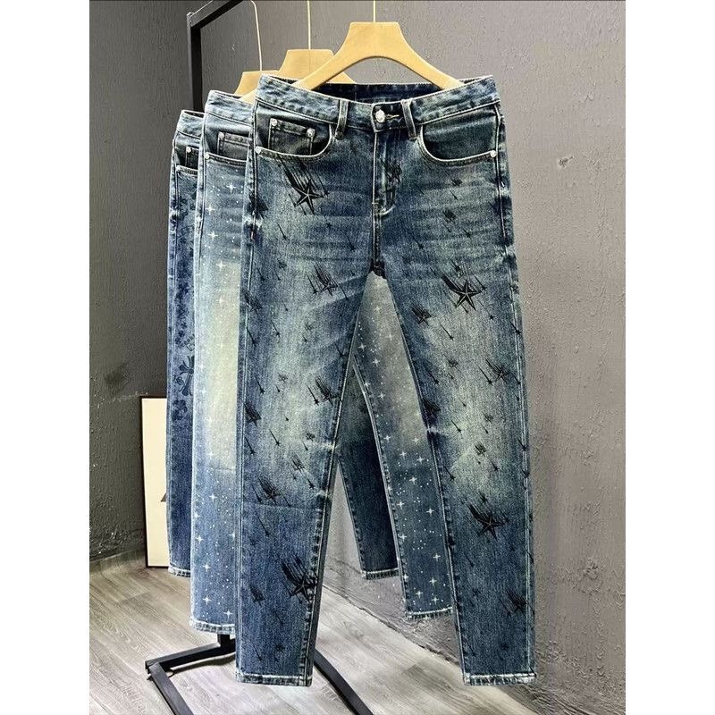 High-End Designer Men's Jeans with Unique Meteor Print, Fashionable Slim-Fit Straight-Leg Stretch Pants