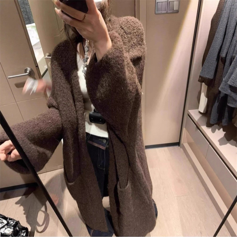 慵懒风软糯中长款灰色毛衣外套女2025秋冬外搭高级感宽松针织开衫|undefined