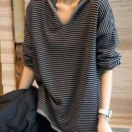 秋冬连帽套头慵懒风毛衣卫衣女宽松新款大码时尚条纹上衣针织外穿