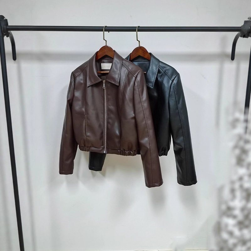 Korean Retro Motorcycle Jacket Spring and Autumn New Short Leather Jacket Women's Fashion Versatile High-Waisted Leather Jacket Jacket for Women