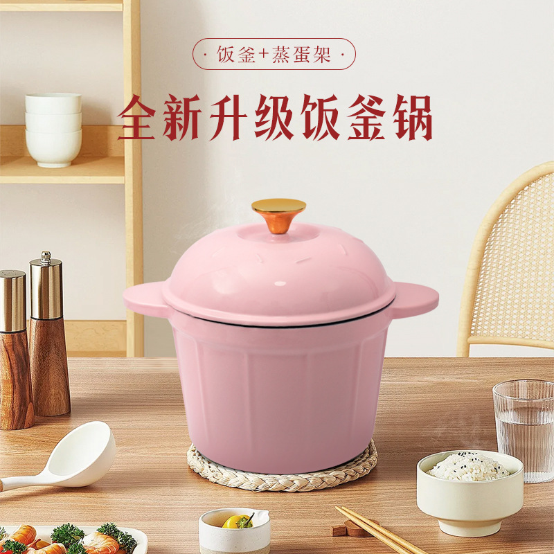 外贸出口18cm饭釜速炖锅铸铁锅煮粥焖汤炖锅辅食多功能珐琅锅家用