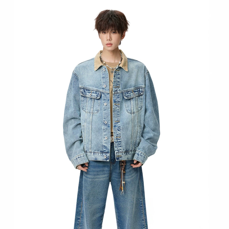 American barn-style color-block denim jacket for men, early autumn high-street college style, deconstructed patchwork work jacket