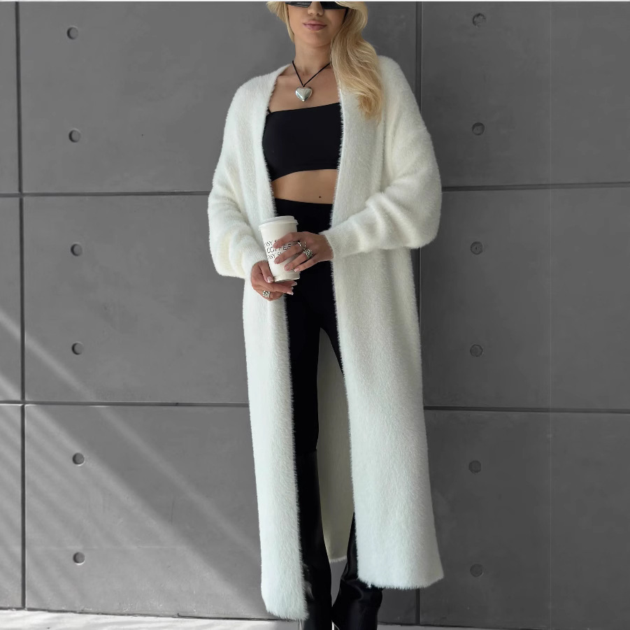 跨境仿貂绒超长款开衫女秋冬宽松慵懒风毛衣外套气质加厚针织大衣