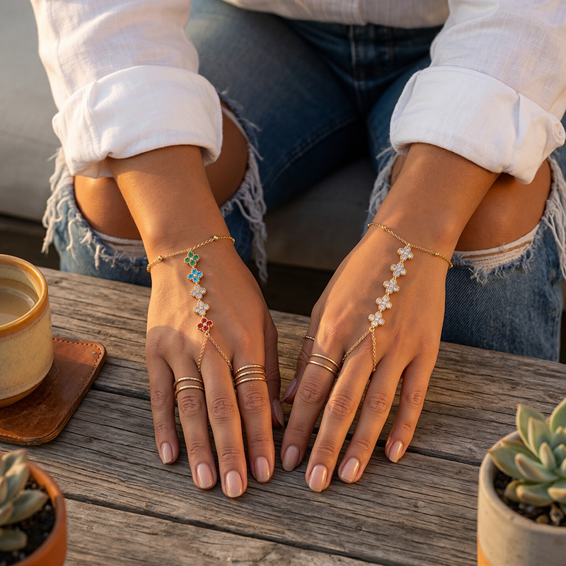 Tina Europa y América de moda transfronteriza cuatro hojas diseño de diseño de nariz de cerdo de zircon anillo de dedo nicho de alta calidad mujer