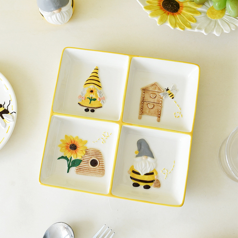 Primavera abejas girasol elf cerámica en relieve plato de cuatro paneles de platos encantadores platos