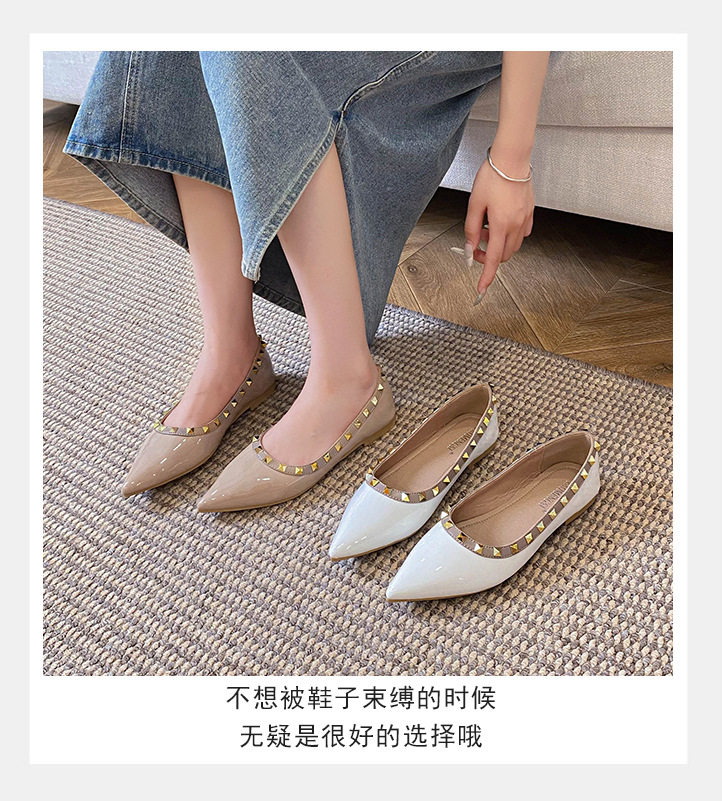 Giày búp bê nữ mũi nhọn đế bằng gắn đinh tán phong cách thanh lịch — mơ, trắng chi tiết 10