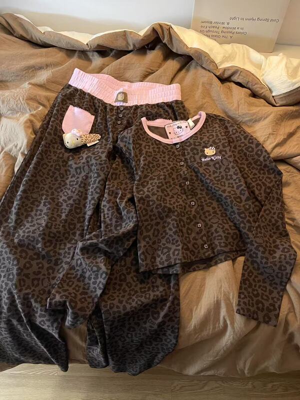 Leopard Print Kt Fur Embroidered Long-Sleeved Pajamas for Women in Spring and Autum Sweet Korean Style Students Slimming Look Can Be Worn Outside Home Clothes Set