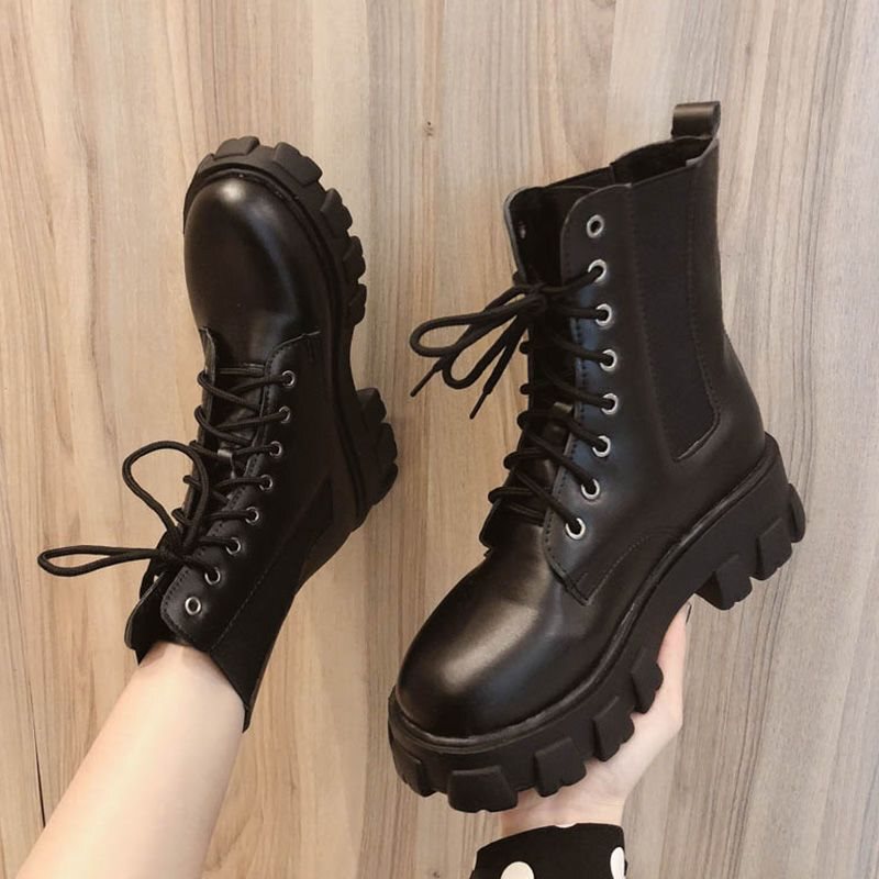 Genuine Soft Leather Martin Boots for Women, British Style Student Korean Version, Spring and Summer Thick-Soled Women's Boots, Internet Celebrity Versatile Fleece-Lined Mid-Calf Boots