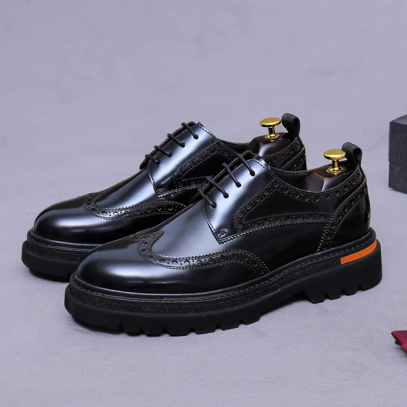 欧式头层牛皮亮面正装皮鞋男商务休闲德比皮鞋牛里厚底休闲皮鞋男