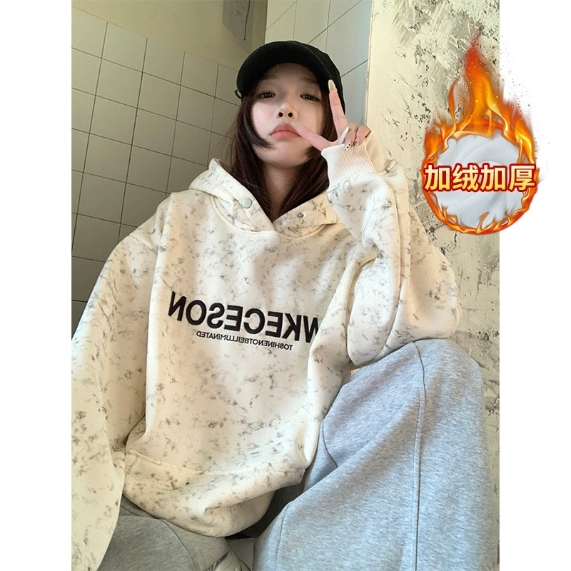 Трансграничный хлопок из хлопка и хлопка, действительно супер осень и зима, бархат утолщение 2024 прилив вышивка чувство с капюшоном, теплый топ