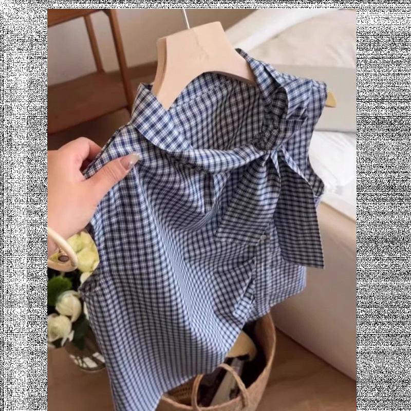 Plaid Shirt Vest Women's Shirt Top Korean Style Versatile Slimming Summer Lace-Up Bow Sleeveless Clothing