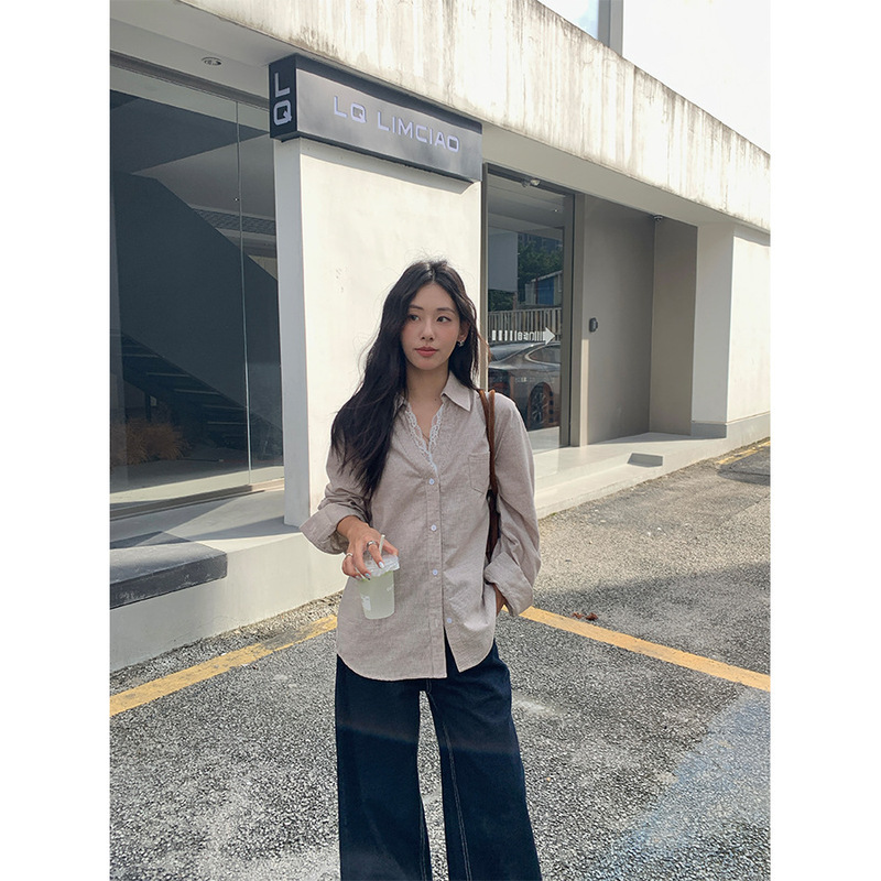 Guangzhou Huang Zheng's Early Autumn Atmosphere Wears Korean Style Chic Lace Splicing Long-Sleeved Shirt Sweet Top 530896