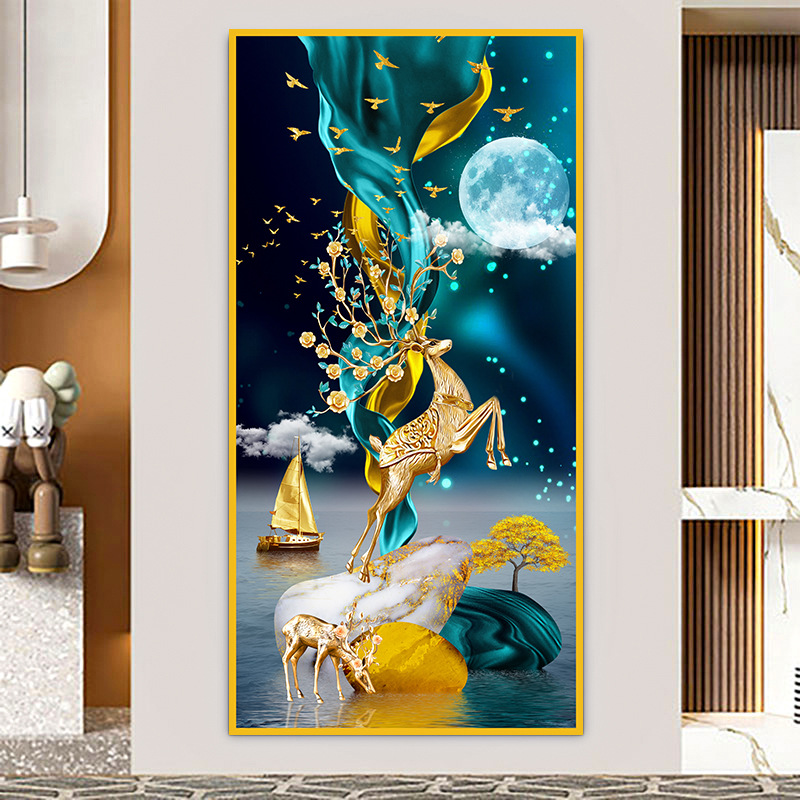 Pintura de entrada de pintura tradicional china Pintura de decoración del pasillo frente a la puerta Pasillo de nueve peces Pintura colgante de fondo de lujo ligero Pintura mural