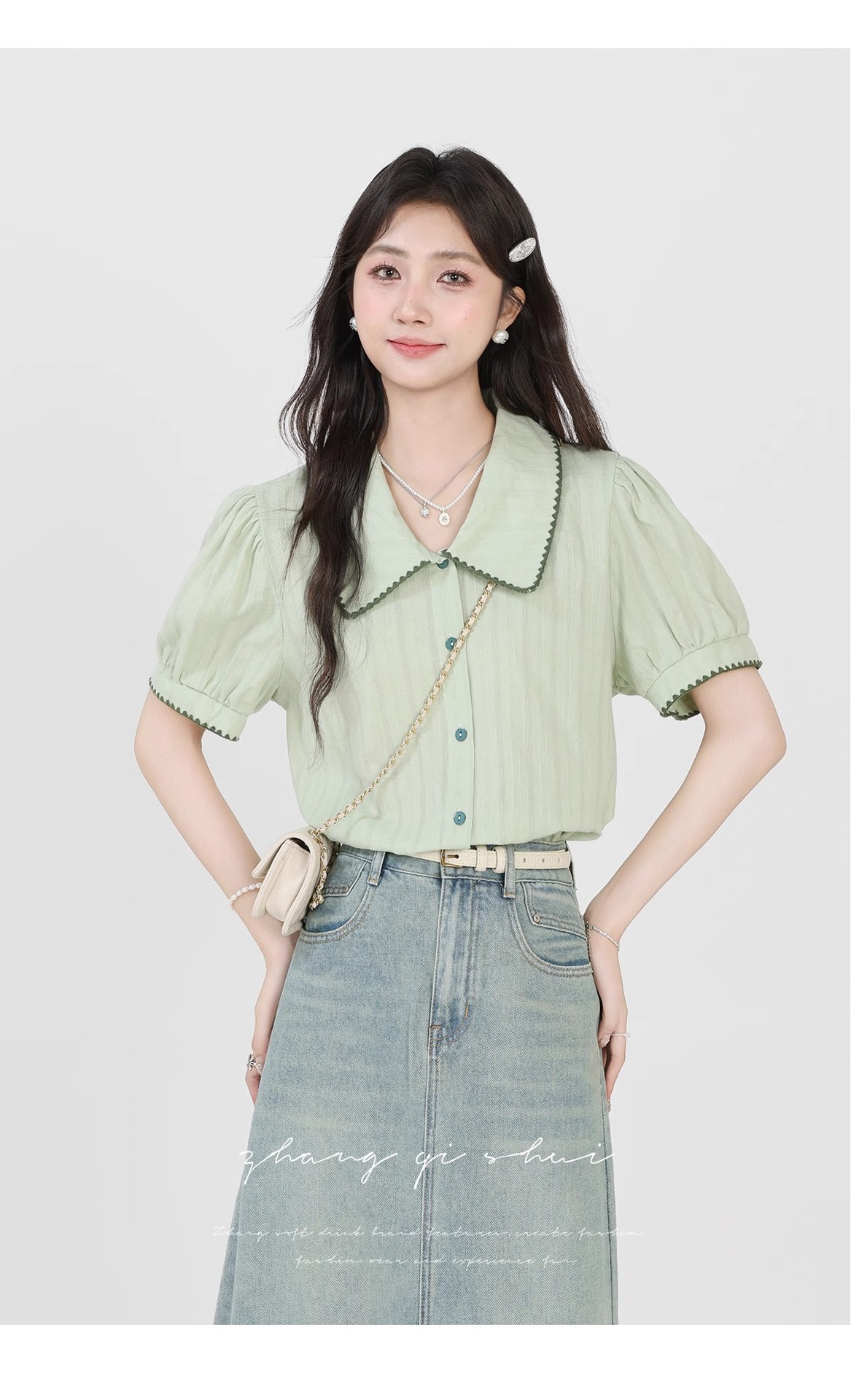 Áo sơ mi nữ cotton ngắn tay cổ búp bê xanh nhạt phong cách mới mùa hè — Màu xanh lục nhạt chi tiết 9
