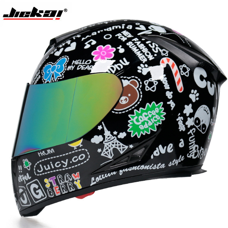 Jiekai casco de bicicleta de coche eléctrico casco completo de hombres y mujeres personalidad de la cubierta completa Four Seasons doble lente cálida tapa antiniebla