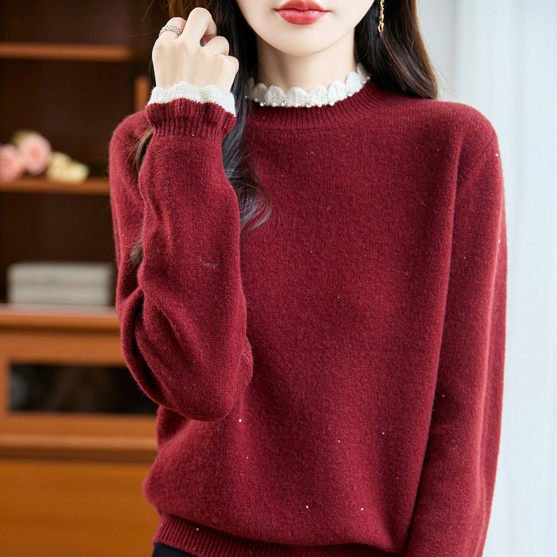 秋冬季新款纯色抽条欧根纱木耳领毛衣女内搭羊毛针织打底衫女|undefined