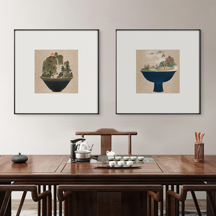 Yiwei Zen tea new Chinese style tea room living room background wall decoration hanging painting Tea Cup landscape landscape tea house mural