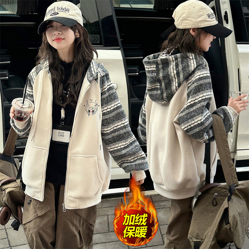 女童学院风拼接连帽卫衣开衫韩系百搭格纹外套双层加厚秋冬夹棉
